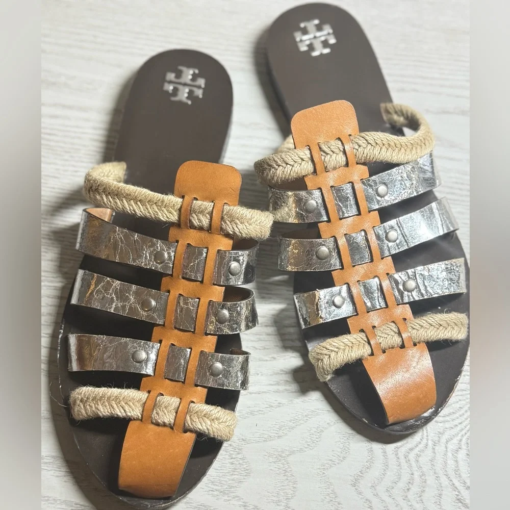 Tory Burch Fisherman Mule Sandals Silver & Tan Leather Slip-On Shoes Size 10M